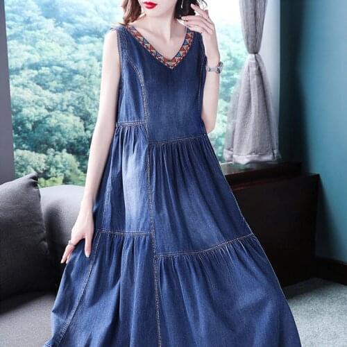 Free Shipping 2021 New Fashion Loose A-line Denim Dresses For Women Long mid-calf V-neck Jeans S-XL Overalls Embroidery Dresses