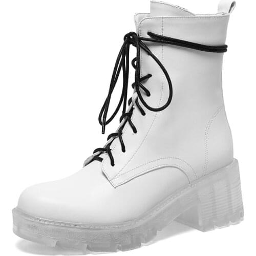 Genuine Leather Platform Ankle Boots Women Autumn Round Toe Female 5.5cm Thick Heel Martin Boot Elegant White Sole Lace Up Shoes