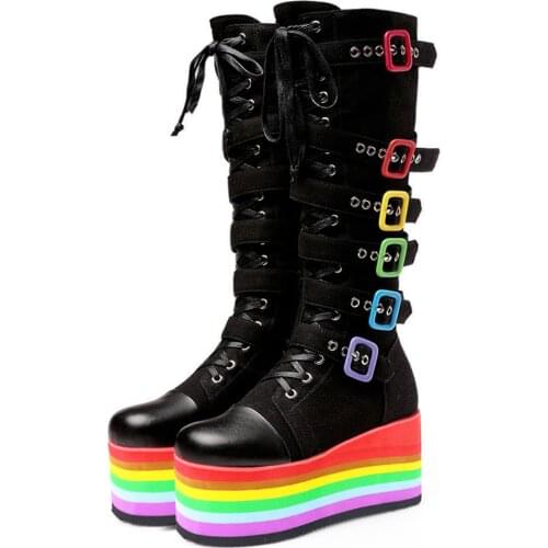BONJOMARISA New Arrivals Punk Platform Cool Chunky High Wedges Mid Calf Boots Autumn Buckle Trendy Multicolor Party Cos Shoes