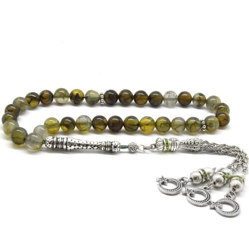 Babba Blackened Metal Tasseled Globe Cut Vein Moss Green Agate Natural Stone Tasbih