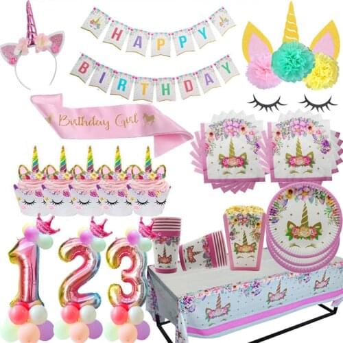 Girl Birthday Party Pink Unicorn Paper Plate Cup Napkin Disposable Tableware Sets Baby Shower 1st Birthday Party Supplies
