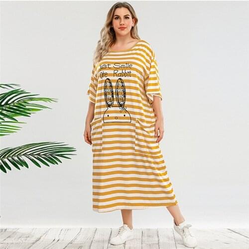 DOIB Women Striped Sleepwear Dress Plus Size Cartoon Print Loose Casual Sleepwear Dress 2021 Summer Pajamas Dress 4XL