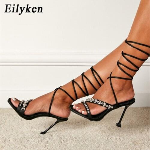 Eilyken Summer Fashion Ankle Strap Women Sandals Rhinestone Crystal Heel Ladies Shoes Zipper Design Party Open-toed Sandals