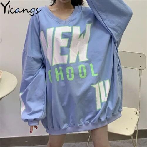 Letter Print V-Neck Baggy Streetwear Long T-shirt Aesthetic Harajuku Korean Clothing Blue Soft Casual Chic Sweet Pullover Women