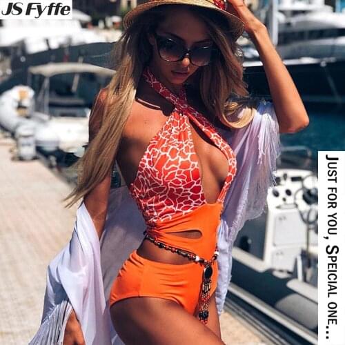 JS FYFFE Women Swimsuit Hollow-Out and Neck Hanging Printed One-Piece Bikini Swimwear