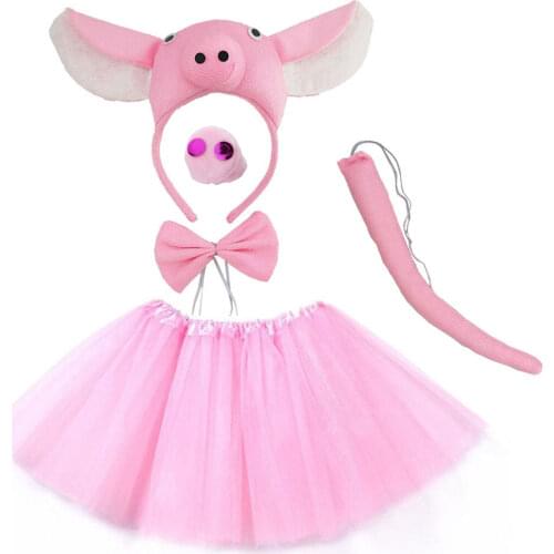 Pig Costume Set Animal Ears Nose Tail and Bow Tie Pink Fancy Dress Cosplay Prop Accessories for Kids Halloween Party Celebration