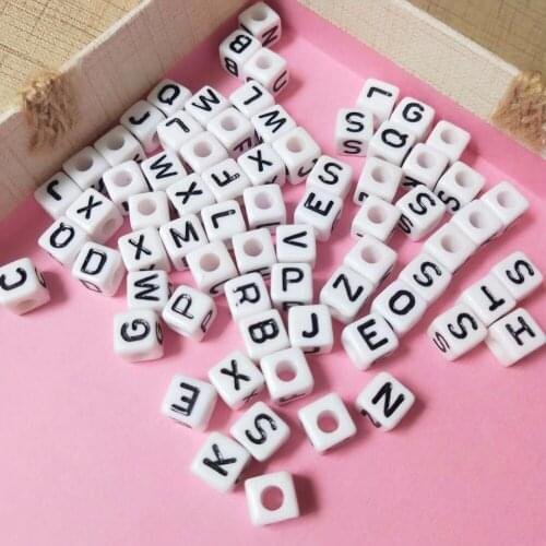 Mini Order 50pcs/Lot 8*8MM Chunky Acrylic Letters Beads White with Black Printing Mixed A-Z Initial Alphabet Letter Beads