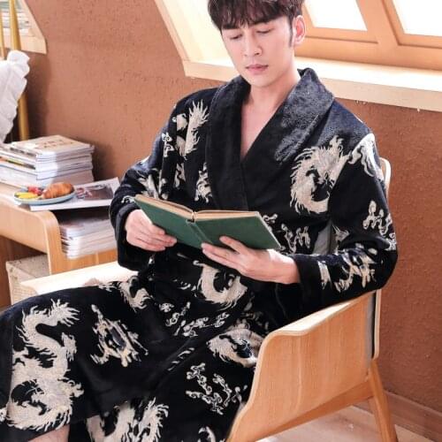 2020 New Mens Plus Large Size Dragon Bathrobe Autumn Winter Flannel Home Robe Male Kimono Soft Warm Dressing Gown