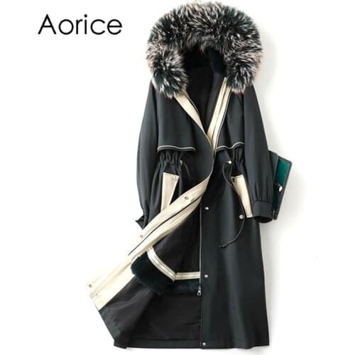 Aorice Women Real Fox Fur Collar Coat Jacket Female Rex Rabbit Liner Long Parka Trench A41604