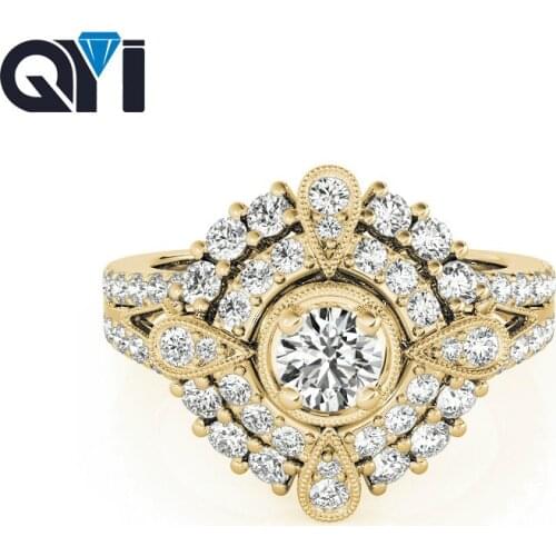 QYI Wedding Rings for Women Engagement Ring 14k yellow gold Finger Rings Cubic Zirconia Fashion Real gold Jewelry
