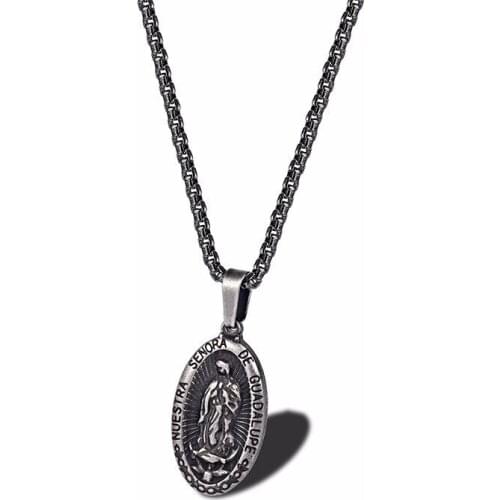 RIR Stainless Steel Oval Retro Color Virgin Mary Pendant Necklace Creative Prayer Catholic Religious Jewelry Necklace