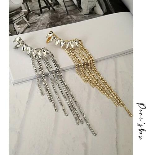 PerisBox Single Piece Luxury Climbing Earrings for Right Ear Shiny Rhinestone Long Fringe Earrings for Women Statement Earrings
