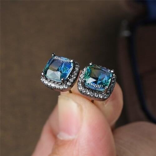 Vintage Female Rainbow Crystal Stone Jewelry Charm 14KT Black Gold Wedding Earrings Cute Square Zircon Stud Earrings For Women