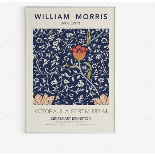 William Morris - Blue Backgrounded RED Flower Pattern Printable Art Print, Red Tulip Floral Poster, Digital Print