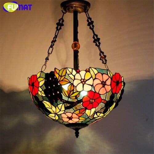 FUMAT Stained Glass Pendant Lamp Retro 16"Suspension Lights Tiffany Glass Dragonfly Rose Baroque Hanglamp Kitchen Pendant Light