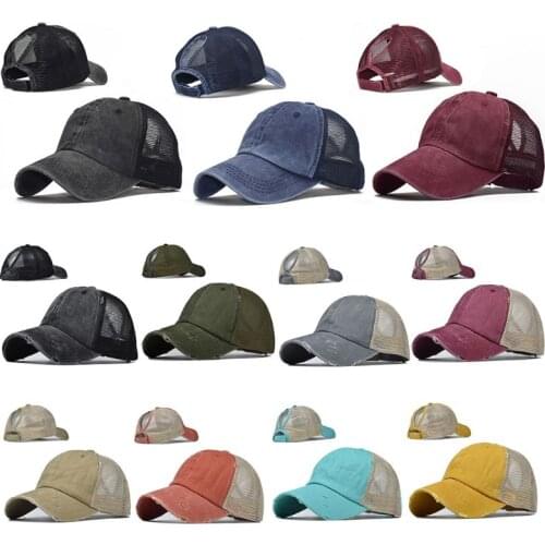 Women Ponytail Messy High Bun Baseball Cap Washed Distressed Mesh Snapback Hat 649C