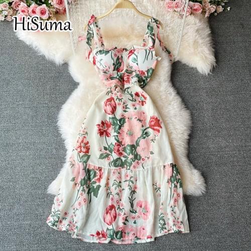 2021 summer new women strap slash neck ruffles flower print chiffon fishtail dress female Chic elegant waist trumpet dresses