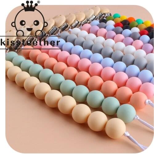 Kissteether BPA Free Pacifier Clips Chain Food Grade Silicone Beads DIY Dummy Wooden Pacifier Clip Holder Baby Teething Toys