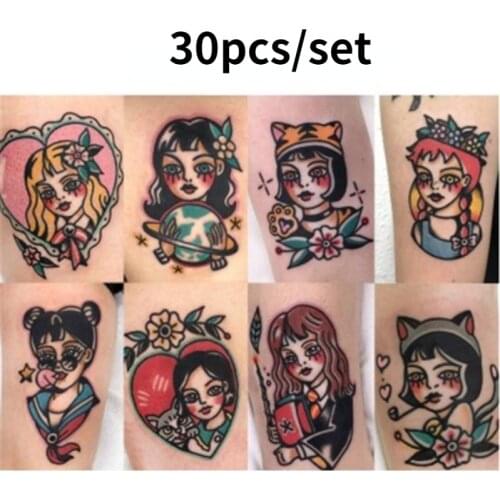 30pc Old School Tattoo Stickers Waterproof Female Long-lasting Dark Beautiful Girl Cartoon Simulation Temporary Tattoos Body Art