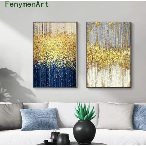 Abstract Gold Foil Stitching Canvas Painting Luxury Blue Green Gray White Poster Print Nordic Wall Pictures Room Wall Art Decor