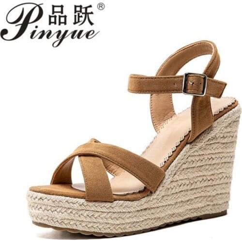 Big size 34--43 leisure straw platform wedges high heels ankle-strap women sandals female summer shoes woman