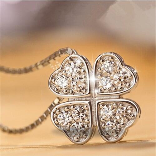 Womens Elegant Heart Shape Four Leaf Clover Inlaid AAA Zircon Pendant Clavicle Chain Necklace Ladies Fashion Jewelry NL0281