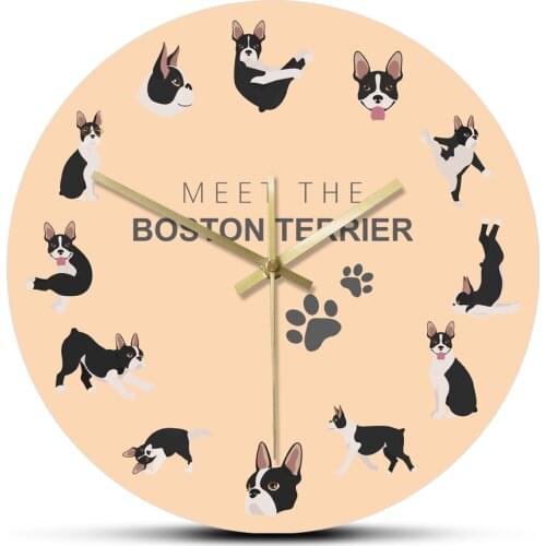 Boston Terrier Dog Healthy Rounded Acrylic Wall Clock Boxwood Puppy Yoga Poses Clocks Wall Home Decor Modern Design Boston Bull
