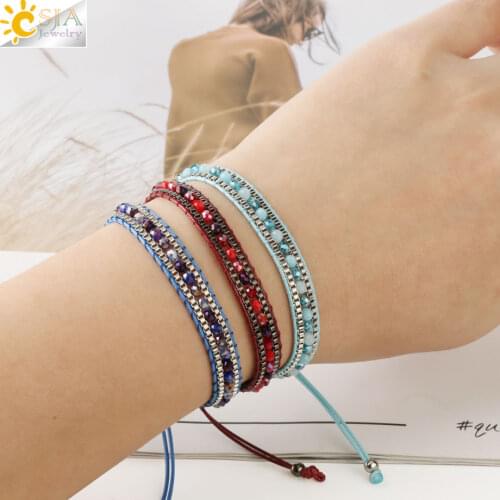 CSJA Bohemian Handmade Braided Rope Chain Bracelets Crystal Beaded Bracelet for Women Mix Beads Charms Jewelry Friendship S583