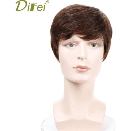 DIFEI High temperature fiber synthetic wig mens short straight hair with bangs brown wigs