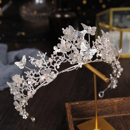 Crown Butterfly Flower Headdress Baroque Crown Headband Golden Wedding Crystal Accessories Ornament BN