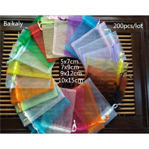 Pouches 200pcs 5x7 7x9 9X12 10x15cm Drawstring Organza bag Wedding Christmas Gift Bags Jewelry Packaging & Display Organza bag