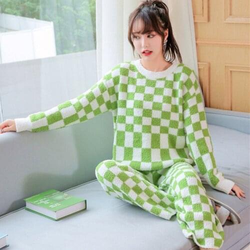 Soft Velvet Thicken Warm Sleepwear Women New Plaid Fresh Pajamas Set Autumn Winter Pyjamas Female Long Sleeve Trousers Suit