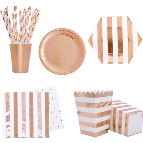 Rose Gold Party Disposable Tableware Set Party Paper Cups Plates Straws Party Table Decoration Wedding Birthday Party Supplies
