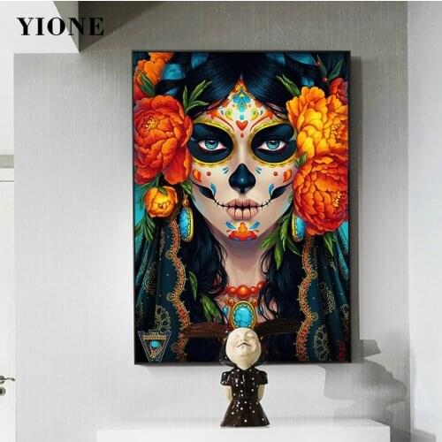 Skull Face Flower Woman Wall Art Poster Abstract Colorful Dark Figure Plants Skeleton Canvas Picture Print Decoration Painting