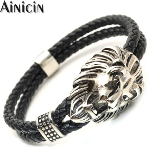 Stainless Steel British Royal Lion Head Double Row Genuine Leather Bracelets Powerful Fashion Mens Bangle Gift 5pcs/lot