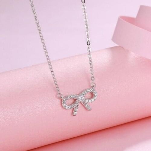 New Exquisite Bow Crystal Pendant Necklace Wedding Party Fashion Jewelry Gift Ladies Jewelry Necklace 925 Sterling Silver