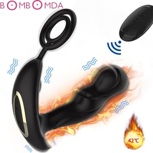 USB Charging Vibrating Ring Male Sex Toy Heating Prostata Massager for Man 7 Speeds Wireless Remote Control Cork Anal Butt Plug