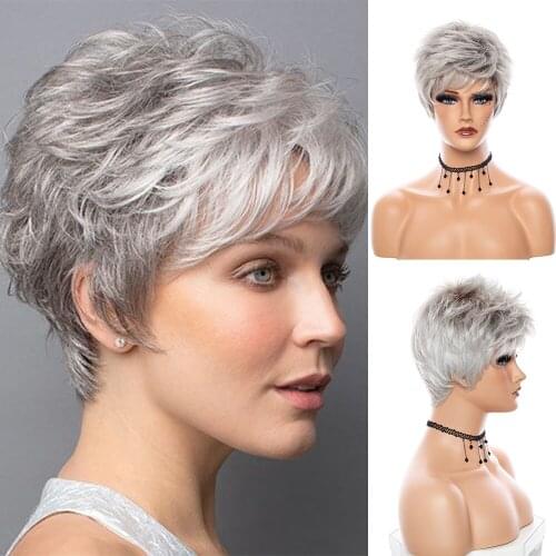 XQ Natural Short Straight Wave Womens Bangs Wig Grey Bob Soft Synthetic Wigs Daily Cosplay For White