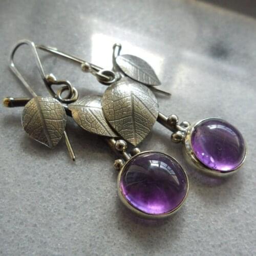 Vintage Pendientes Black Gold Metal Purple Earrings for Women Tribal Ethnic Plant Leaves Crystal Stone Drop Earring