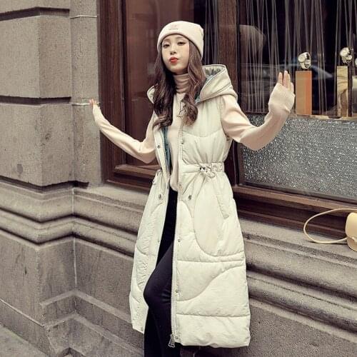 Korean Fashion Black Vest for Women Winter Sleeveless Coats and Jackets Hooded Coat Padded Women Long Vest Women