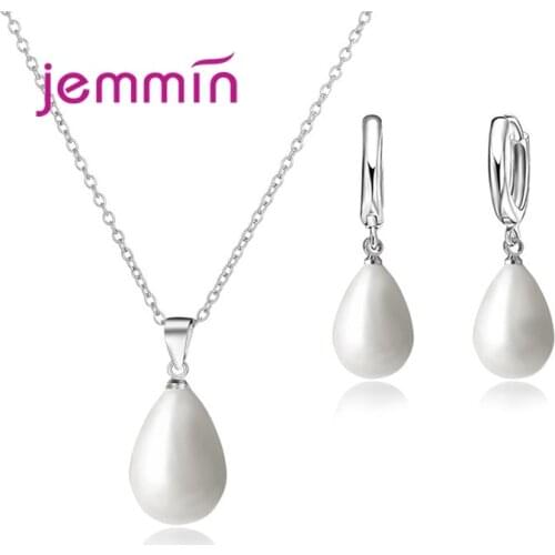 Women 925 Sterling Silver Water Drop Pearl Pendant&Necklace Earrings Jewelry Sets for Bridal Wedding Engagement Party Gift