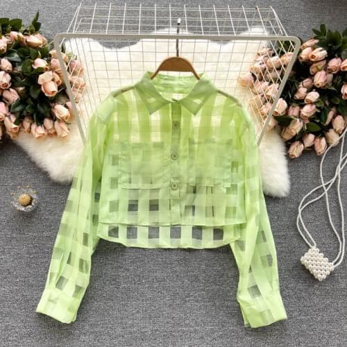 Summer new lattice sunscreen women tops Lapel temperament slim short crop top women Long sleevetops women 2021