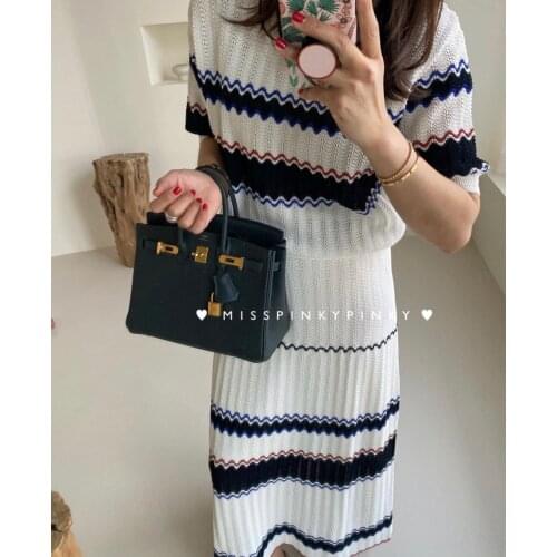 Autume New Striped Hit Color Knitted Two Piece Set Women O Neck Half Sleeve Pullover Tops High Waist Maxi Skirts Elegant Suits