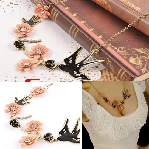 2pcs/lot Fashion Elegant Gorgeous Bird Swallow Flowers Crystal Pendant Chain Necklace