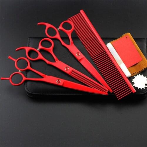 4 kit Upscale japan red pet 7 inch shears cutting hair scissors dog grooming clipper pets thinning barber hairdressing scissors