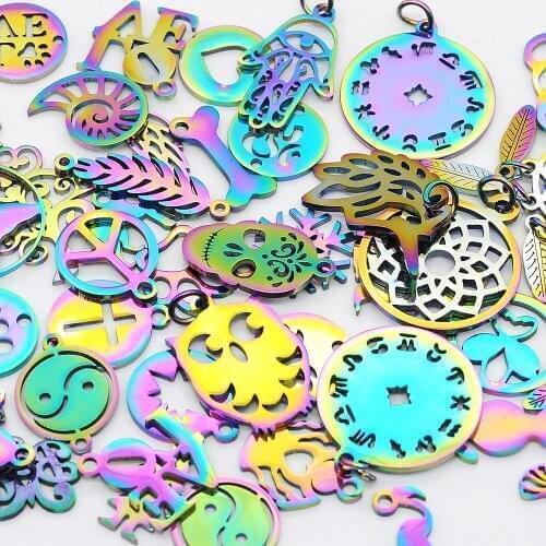 50pcs/lot Mix Designs Stainless Steel Rainbow Animal Yoga Zodiac DIY Jewelry Charms Connector Wholesale Bracelet Making Charm