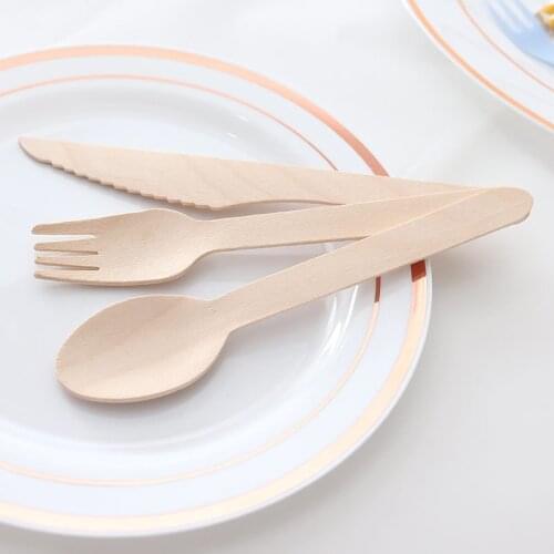 50pcs Disposable Wooden Cutlery Forks/Spoons/Cutters Knives Party Supplies Kitchen Utensil Dessert Tableware Packing 16cm