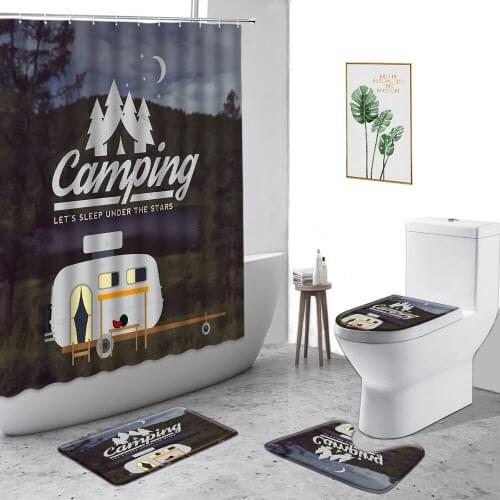 Camping Car Shower Curtain Summer Forest Outdoor Activities Camping Landscape Bathroom Decoration Set Non-Slip Mat Velvet Carpet