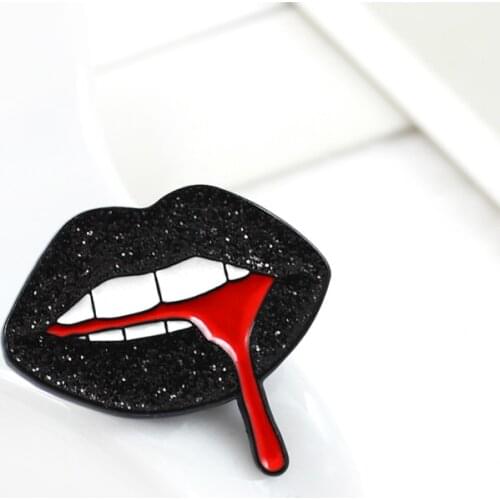 Black Shiny Lips Brooch Biting Tongue out Red Blood Personality Badge Denim Shirt Fashion Accessories Funny Romantic Jewelry