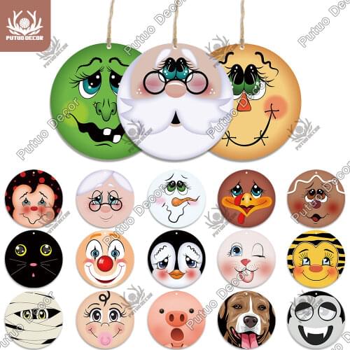 Putuo Decor Cute Faces Halloween Round Wood Sign Snowman Wood Plaque Scarecrow Ghost Pet Faces Wreath Christmas Home Wall Decor